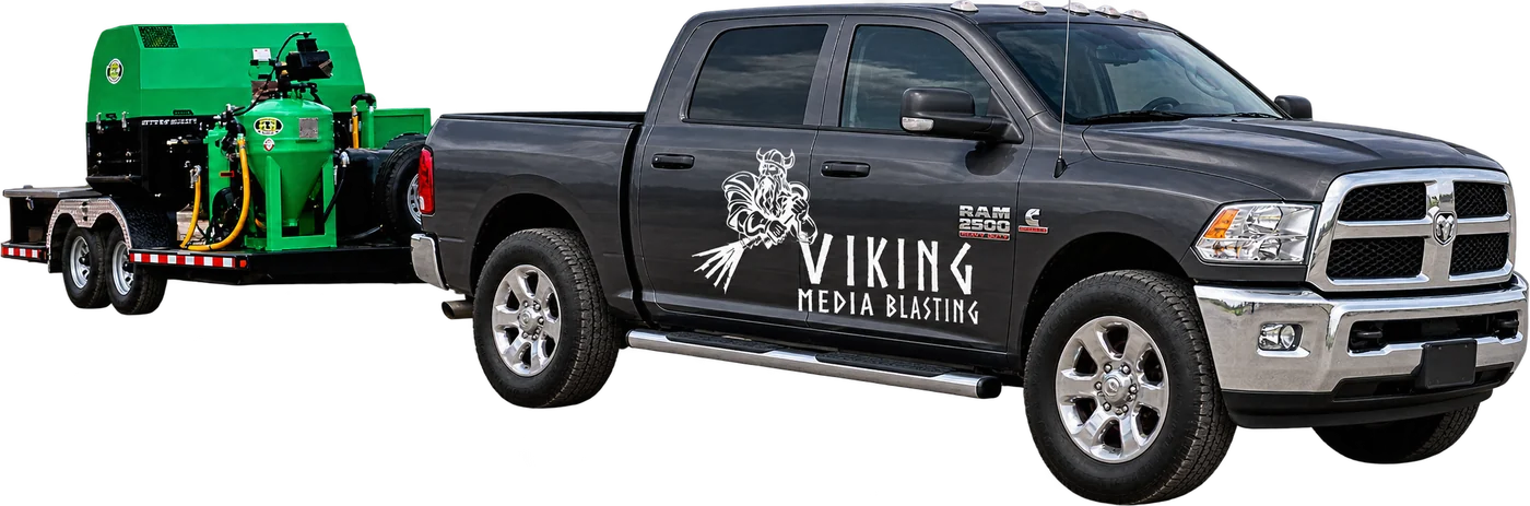 Viking Media Blasting's dark gray Ram 2500 with the Viking logo, towing the green Dustless Blasting rig